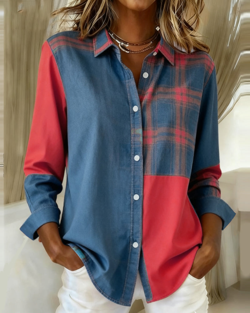 Olivia Mae™ | Shirt with Notched Collar and Checked Contrast Design