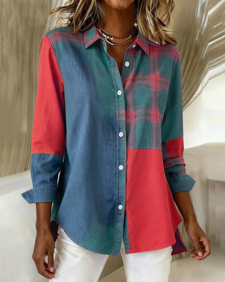 Olivia Mae™ | Shirt with Notched Collar and Checked Contrast Design