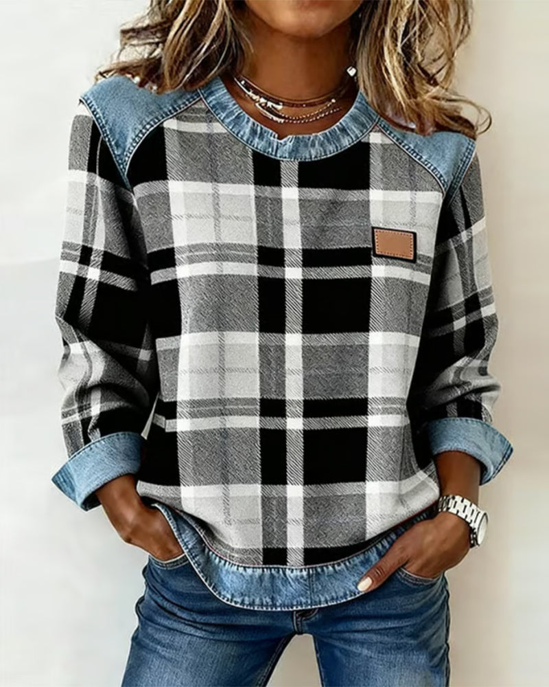 Olivia Mae™ | Casual Round Neck Denim Patchwork Pullover Sweatshirt
