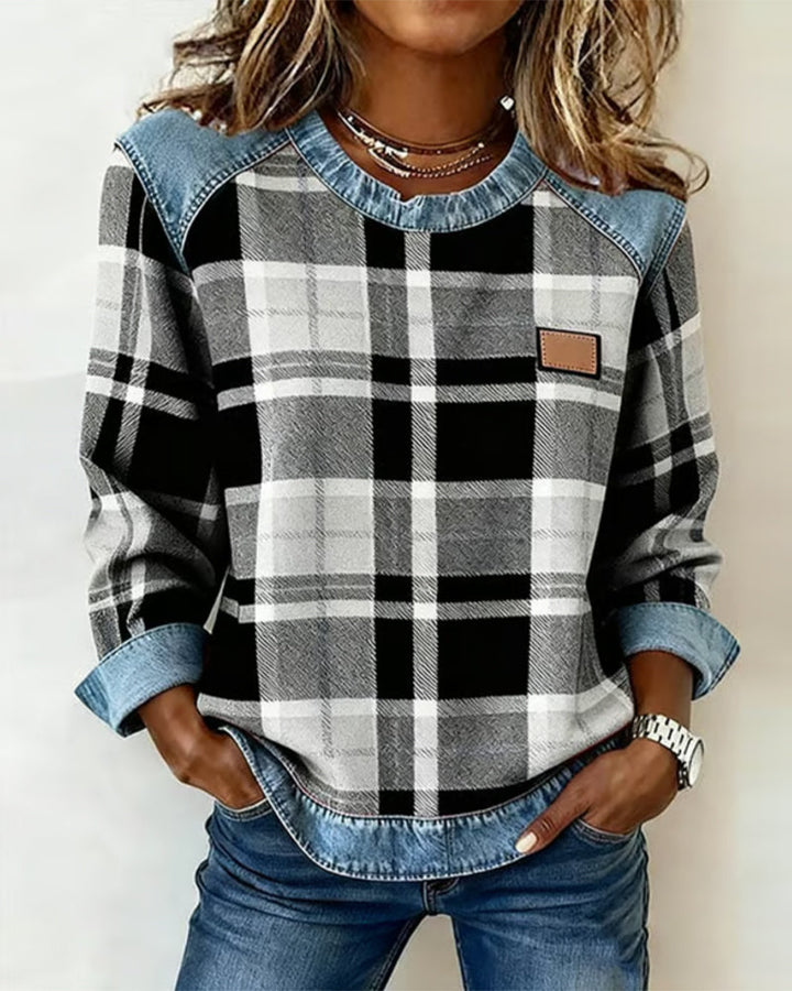 Olivia Mae™ | Casual Round Neck Denim Patchwork Pullover Sweatshirt