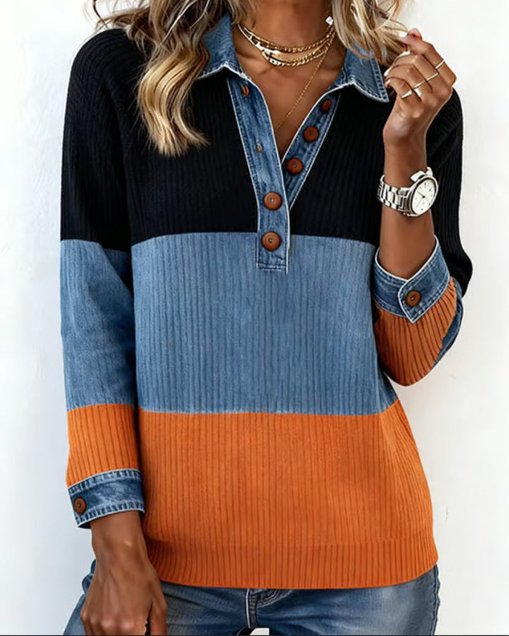 Olivia Mae™ | Fashionable Top with Lapel and Contrast Color