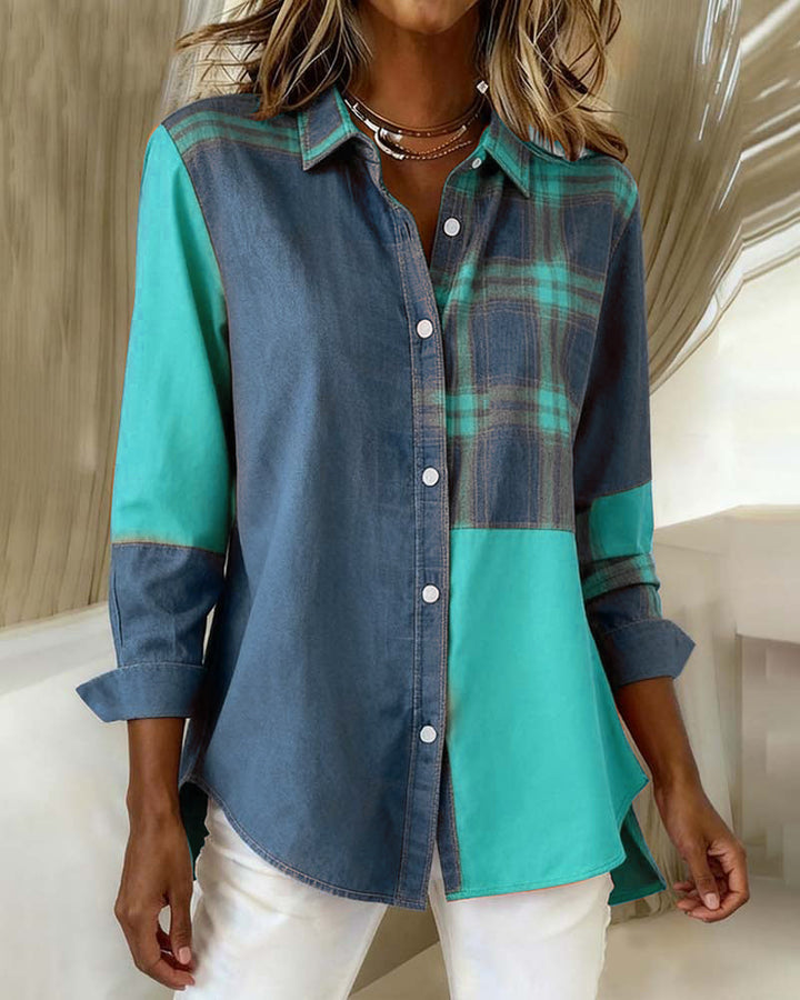 Olivia Mae™ | Shirt with Notched Collar and Checked Contrast Design