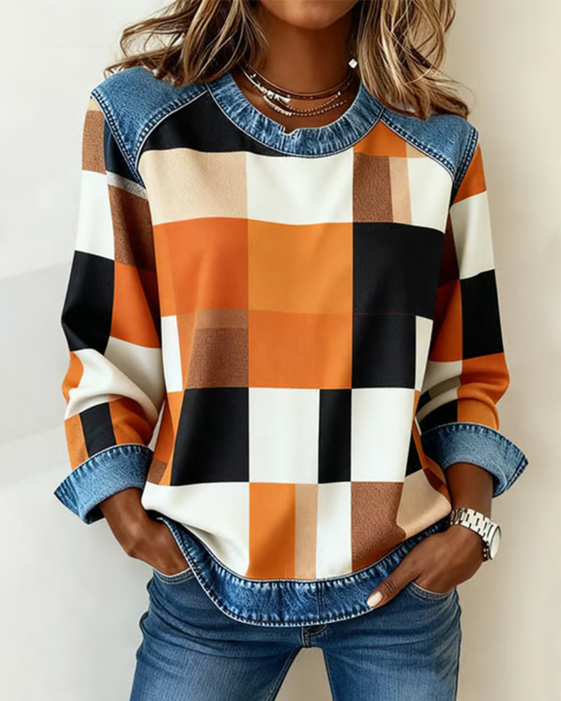 Olivia Mae™ | Sweatshirt with Check Patchwork and Contrast Color