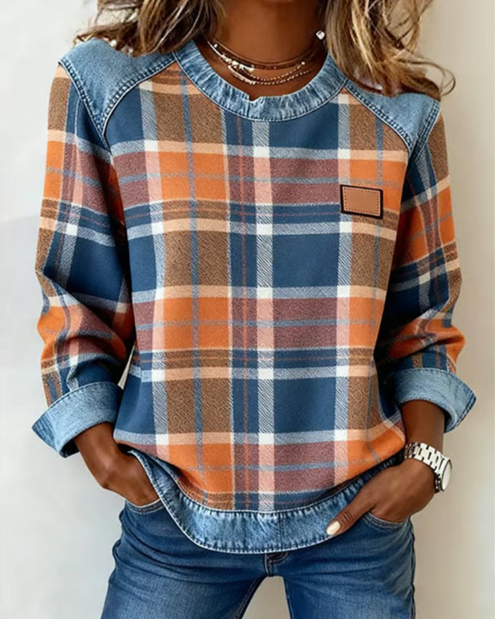 Olivia Mae™ | Casual Round Neck Denim Patchwork Pullover Sweatshirt