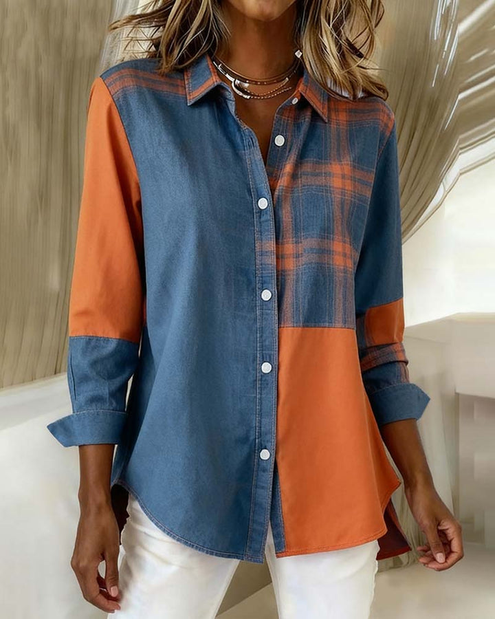 Olivia Mae™ | Shirt with Notched Collar and Checked Contrast Design
