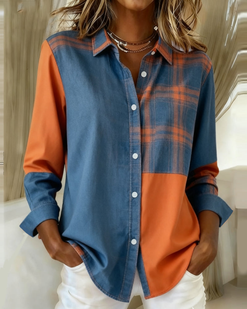 Olivia Mae™ | Shirt with Notched Collar and Checked Contrast Design