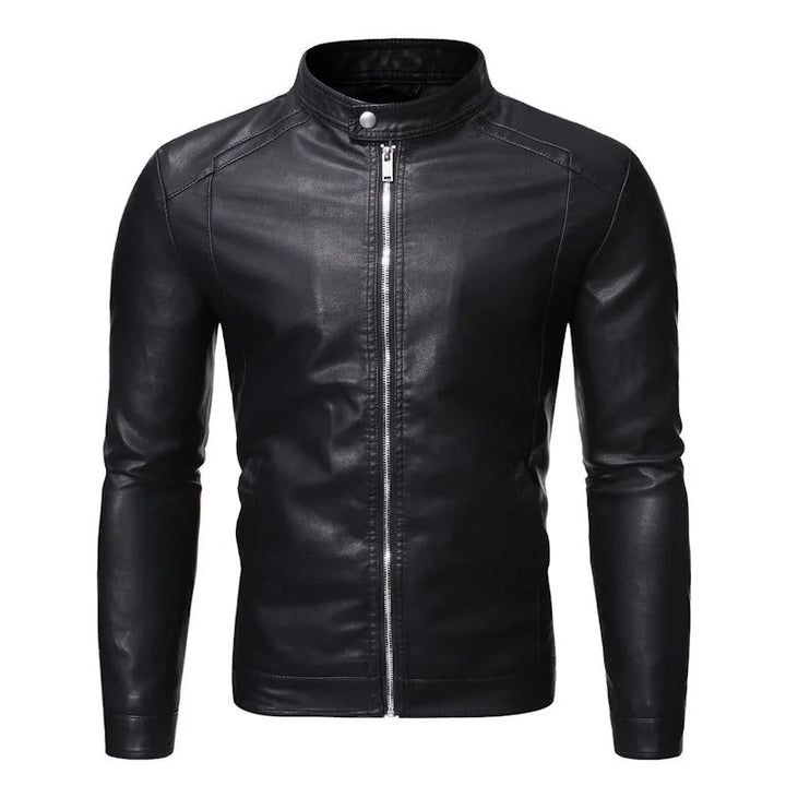 Leather jacket with standing collar